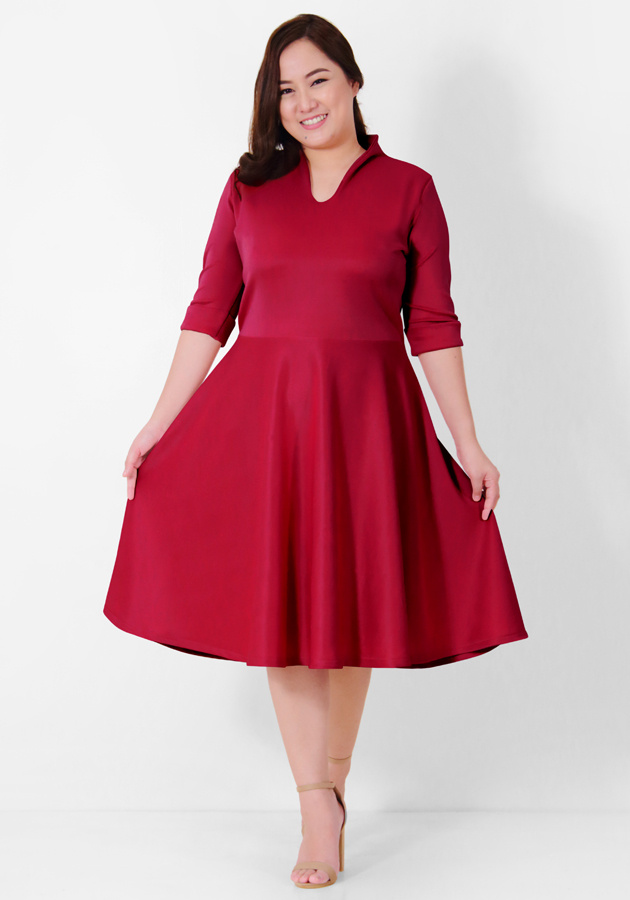 Semi High Collar Curved V-Neck Skater Dress | Syala Collections